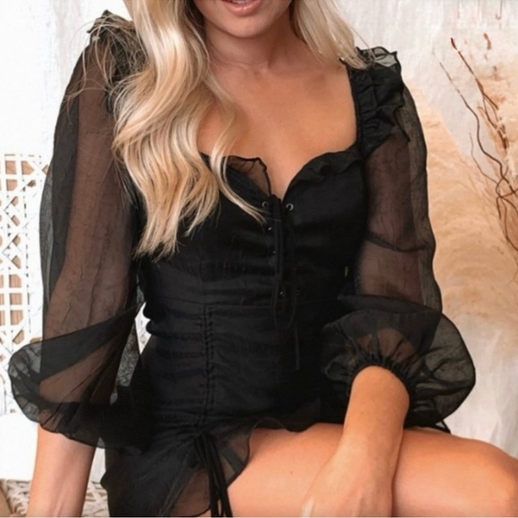 12th TRIBE Lioness Feng Shui Black Sheer Sleeve Mini Dress - Picture 2 of 16